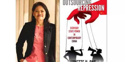 Lynette Ong headshot and the cover of her book Outsourcing Repression