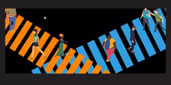 Graphic image of orange and blue crossroads with people walking