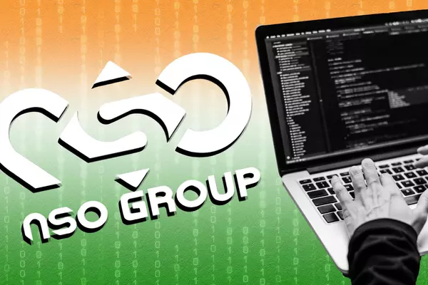 NSO Group logo over a gradient Indian flag. On the right, a black and white image of someone typing at a laptop