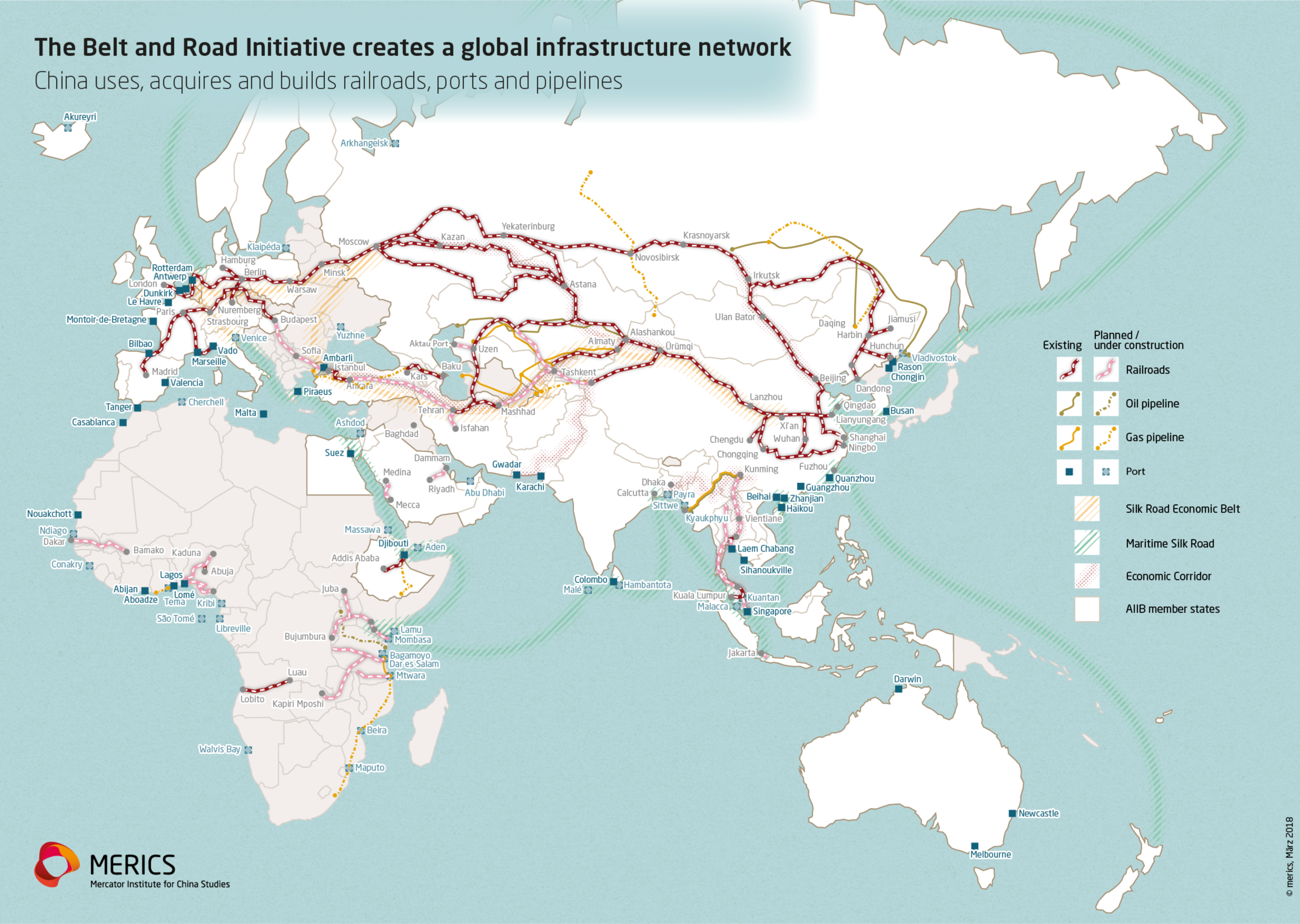 A detailed map of the Belt & Road Initiative showing railroads, oil and gas pipelines, and ports.