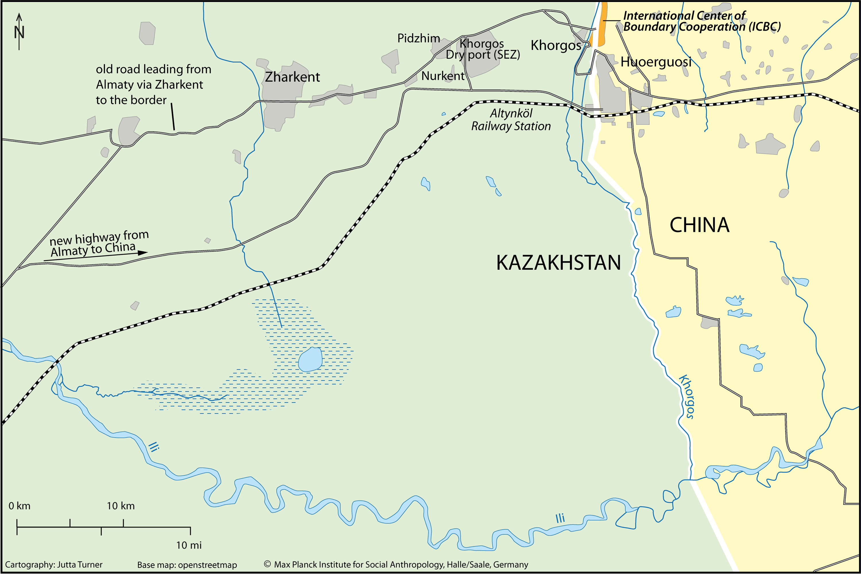 The picture shows a map of Kazakhstan and China. To the west, Kazakhstan occupies about 2/3 of the map. China occupies about 1/3 of the space on the east of the map. The Khorgos River flows from north to south along the Sino-Kazakh border. At the top of the map, the International Center of Boundary Cooperation (ICBC) stretches along both sides of the border. On the Chinese side, just south of the ICBC, is the Chinese city of Huoerguosi. On the Khazak side of the ICBC is the village Khorgos. West of Khorgos is the Khorgos Dry Port. Running across the map from west to east is the old road leading from Almaty via Zharkent to the border. Just south of the old road is the new highway from Almaty to China. Just south of the new highway is a railway line that crosses Altynköl Railway Station just before it hits the border.