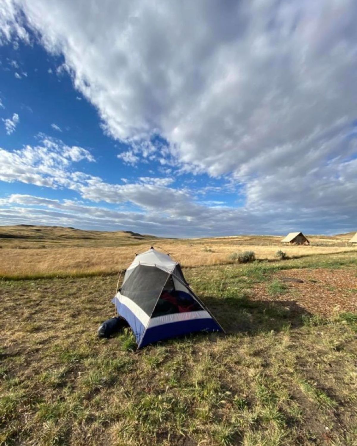 A tent in a field under an open sky.