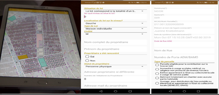 Figure 1: The Android component allows to conduct property tax census activities using a tablet, with pre-loaded cadastral information (left). For each property, the application allows to enter property, owner and rent information (right).