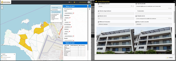 Figure 2: Illustration of the Web component of the newly developed software for property tax management. The web component allows to manage census activities by assigning geographic areas to field agents (left), and finally, to validate the information collected in the field and produce the associated tax notifications (right).