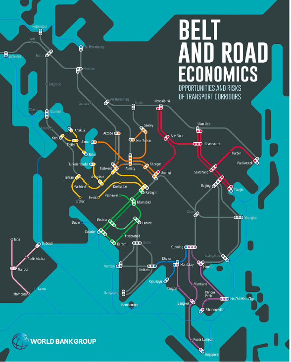 The cover of a World Bank Report showing a transit-style map of Belt and Road transportation initiatives.