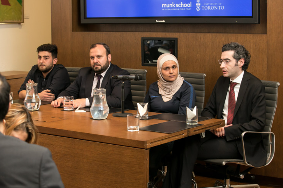 (From left) Al Khalf, Mustafa, Al Masri, and Habib share their experiences at the Munk School of Global Affairs & Public Policy on the downtown Toronto campus (photo by Dhoui Chang)