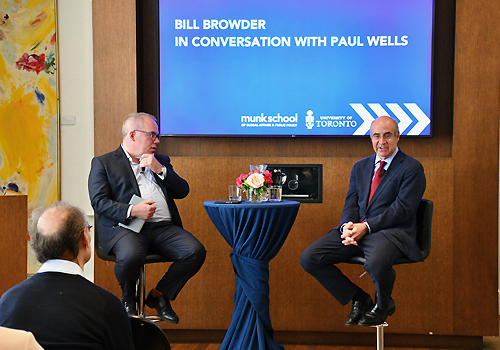 Bill Browder and Paul Wells talk Russian and world politics in front of alumni and guests.