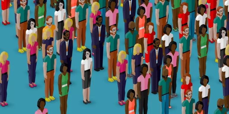 Cartoon drawing of lots of people in different colours  against a teal background