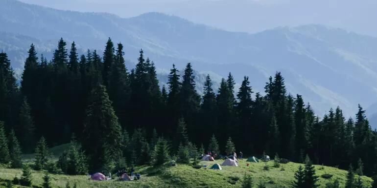 Carpathian Mountains with some tents in the foreground