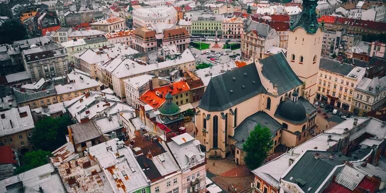 An areal photo of central Lviv, Ukraine