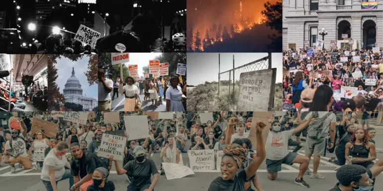 Collage of BLM protest, defund the police, wildfires, women's rights, US-Mexico border US capitol building, and  protest, dancing man on NY subway, 