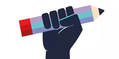 Illustration of a dark blue fist holding up a lavender and blue pencil with red eraser