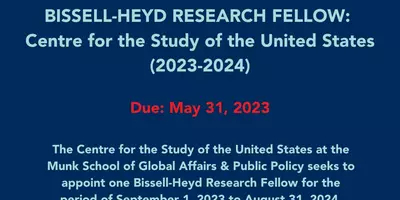 Poster of the CSUS 2023-24 Bissell Heyd Research Fellow opportunity with light blue text on a dark blue background