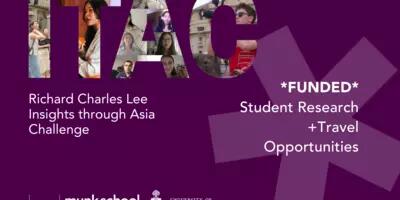 Purple background with "ITAC" spelled out in colourful photos from previous student projects. "Richard Charles Lee Insights through Asia Challenge" is written in white text. To the right, "FUNDED Student Research + Travel Opportunities" is written in white text. The Asian Institute logo appears in the bottom left corner.