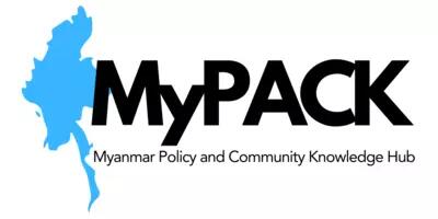 the Myanmar Policy and Community Knowledge (MyPACK) Hub Logo. The word "MyPACK" is slightly to the right of a solid blue silhouette of the shape of Myanmar.