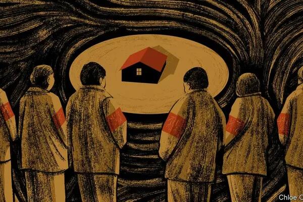 Illustration of Chinese Prisoners facing a small house