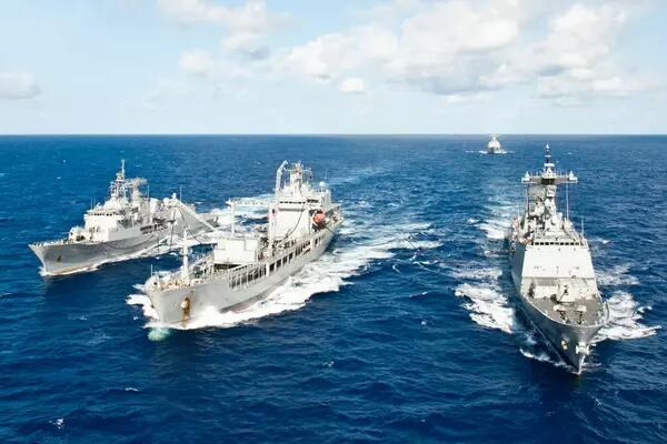 RIMPAC 2012 -- three ships in formation on the Pacific ocean