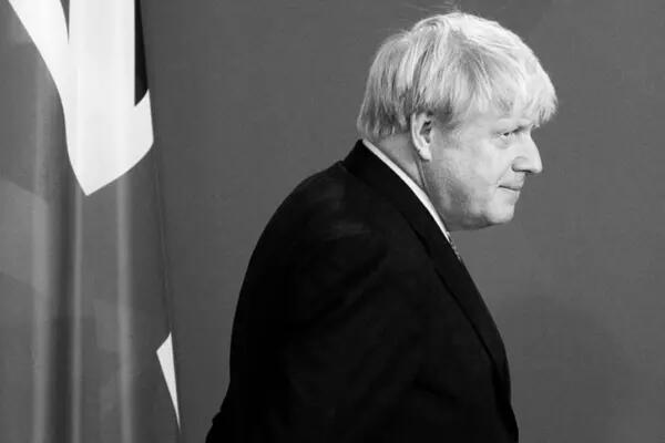 Profile view of Boris Johnson, Conservative PM, captured in black and white