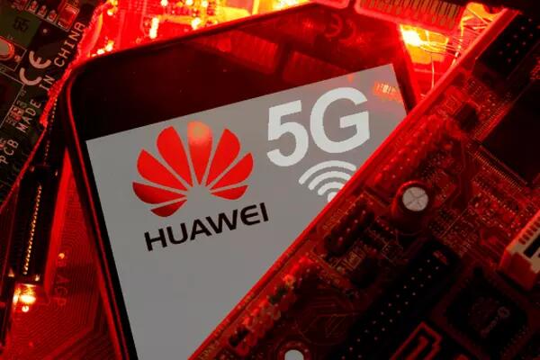 Huawei logo and 5G on an iPhone screen