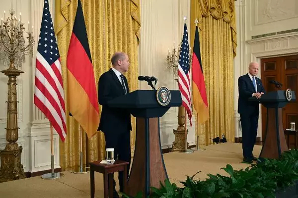 US President Joe Biden (right) and German Chancellor Olaf Scholz held a press conference in the East Room of the White House in Washington, DC, on February 7.