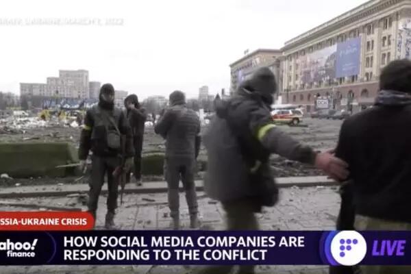 Screenshot of a video from the article, with the news banner reading "how social media companies are responding to the conflict" in Ukraine