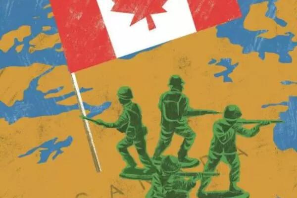 4 toy soldiers, one holding a Canadian flag
