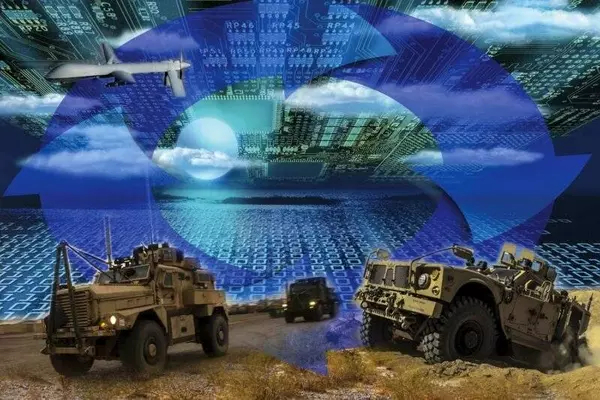 An image of military trucks overlaid with images of a computer motherboard in blue
