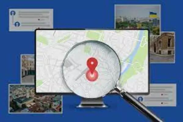 Image of google maps on a large computer screen with a magnifying glass over the dropped pin. The computer is surrounded by smaller images of buildings and social media posts