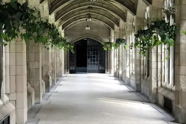 A shot of a stone pillared hallway on the University of Toronto campus, with hanging baskets along the sides.