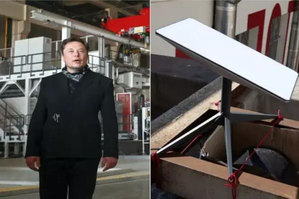 SpaceX CEO Elon Musk next to a SpaceX Starlink internet terminal installed in Odessa, southern Ukraine.
