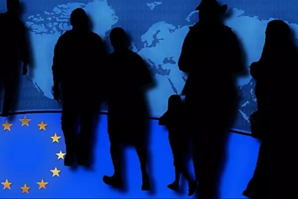 Graphic of EU stars in bottom left corner, with silhouettes of people walking across the image. There is a blue map of the world that takes up the upper right part of the image.
