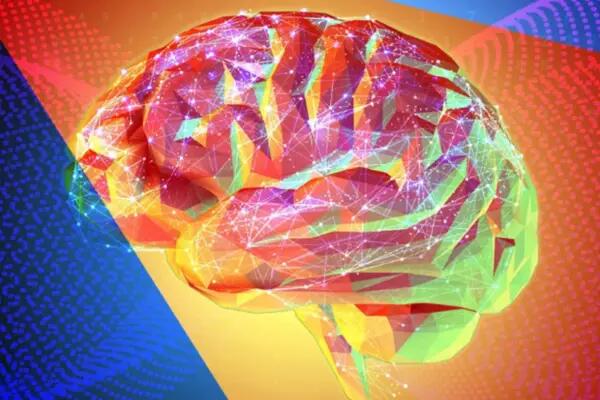 A multi-coloured brain on an orange and blue background