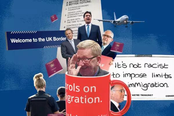 Immigration graphic featuring UK politicians such as Jeremy Corbyn, UK passports, planes, border signage