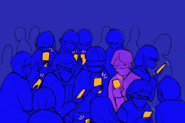 Graphic of masked people in a huddle on their phones. The figures are dark blue and the background is indigo, with the phones a bright orange colour. 