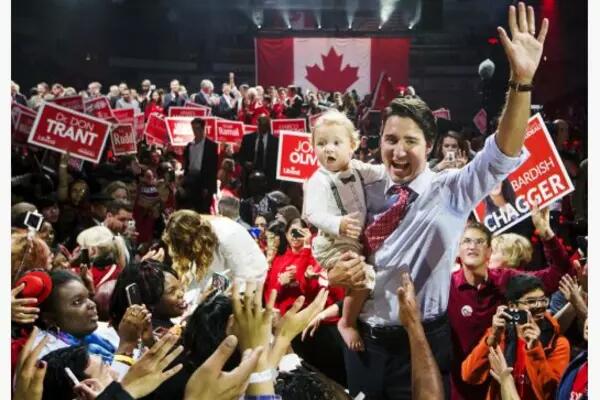 Justin Trudeau at a rally after winning the 2015 Canadian federal election