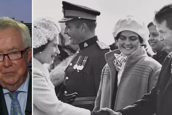 Image of Joe Clark on the left, Image of Queen Elizabeth II shaking hands with Joe Clark on the right