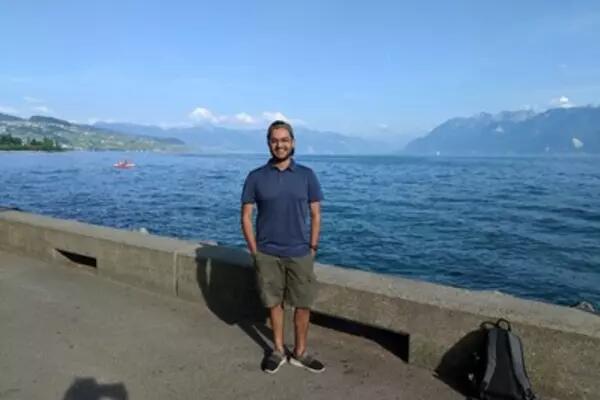 PCJ student Rushay Naik in front of Lake Geneva