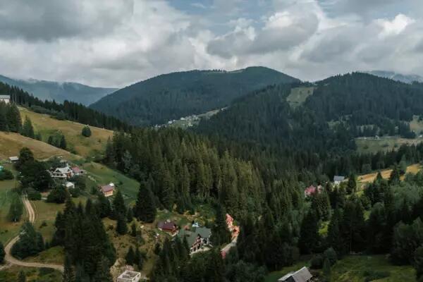 Carpathian Mountains in Ukraine, with some village houses