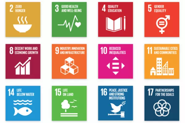 The UN graphic for the Sustainable Development Goals, with one coloured square dedicated to each goal