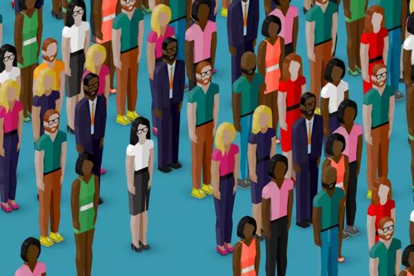Cartoon drawing of lots of people in different colours  against a teal background