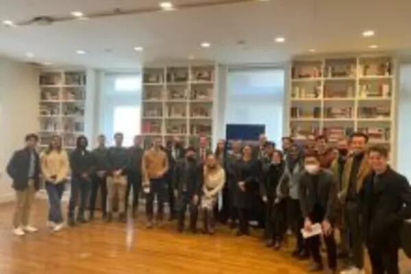 Group photo of students and Nordic ambassadors in the Munk School library