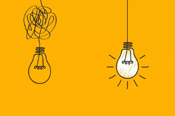 Two hand-drawn lightbulbs hanging from cords against a yellow background