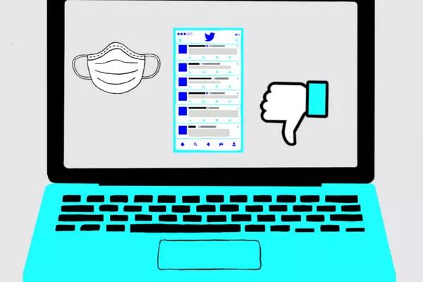 Graphic of a neon blue laptop with icons of a mask, a Twitter feed, and a thumbs down from Facebook on the screen