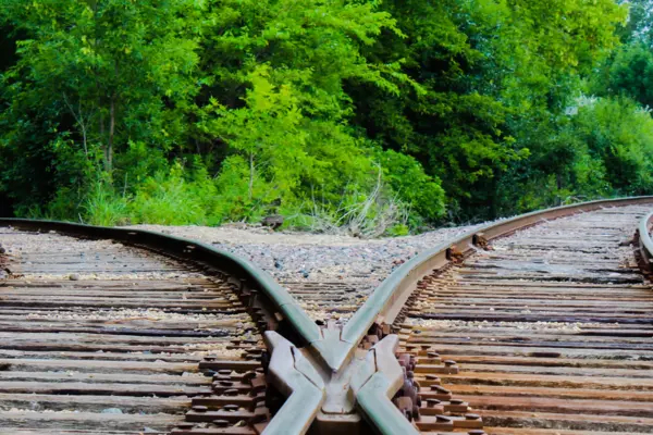 Two sets of train tracks parting to left and right with trees in the background