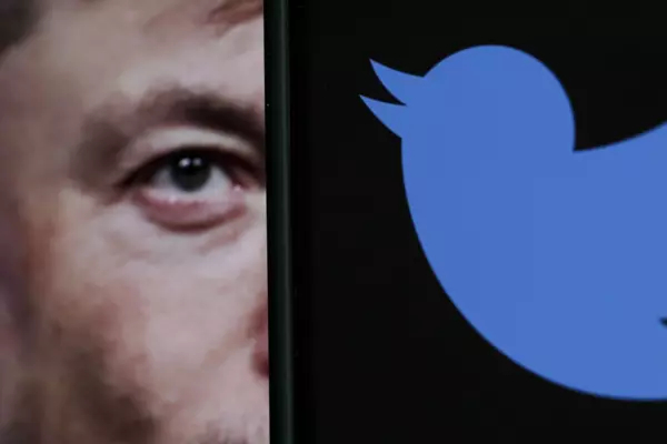 Half of Elon Musk's face and the Twitter bird logo