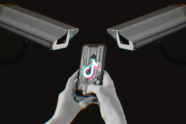 TikTok logo on phone surrounded by two surveillance cameras