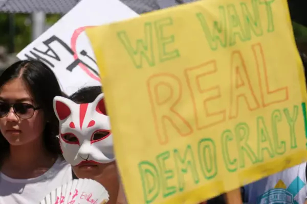 China -- "We want real democracy" signs by demonstrators 