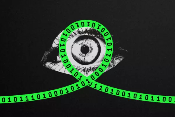 Black and white image of an eye, with a neon green loop over top of binary code.