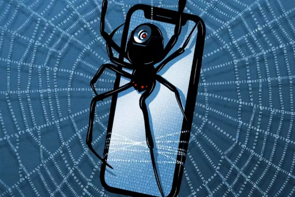 Illustrated graphic of a large black spider with a cellphone trapped in its web