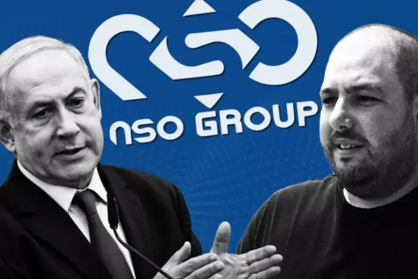 Israeli leader Netanyahu with the NSO Group logo